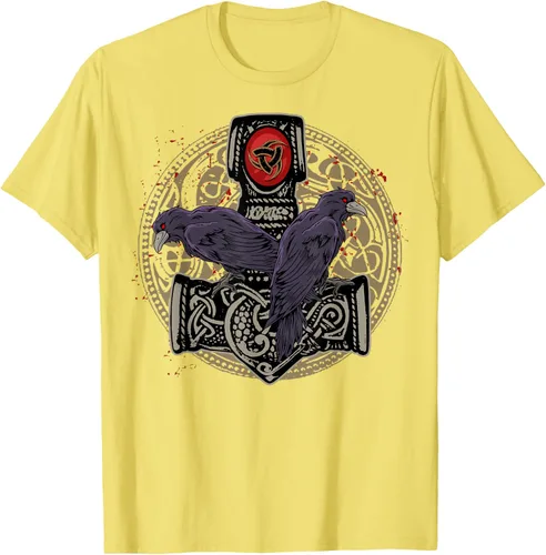 Vista 36 de Thors Hammer Mjolnir Huginn and Muninn Odin Raven - Camiseta, Negro, S