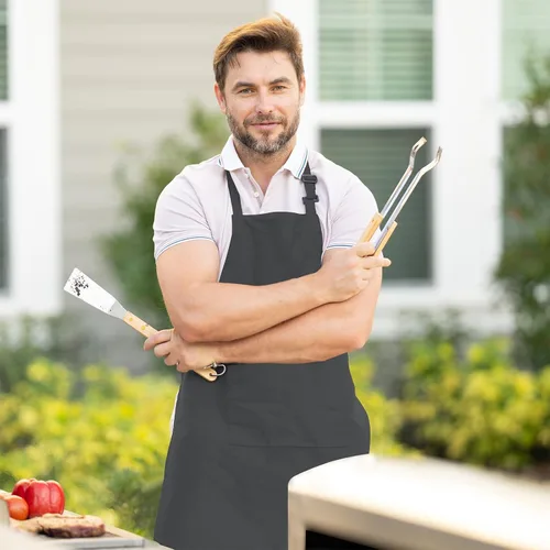 Vista 3 de Avalon Kitchen Aprons for Men - 100% Polyester Chef Apron Women with Extra Long Ties - Cooking Aprons for Women & Mens Apron Gris