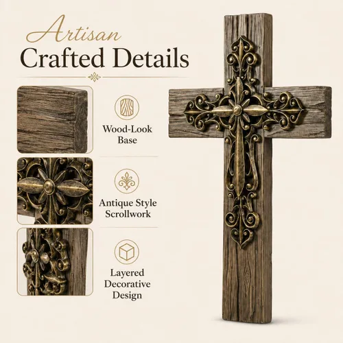 Vista 9 de Comfy Hour - Decoración de pared cruzada de 13 pulgadas, cruz de pared en capas, tono cobre Wall crosses for home decor, large decorative cross