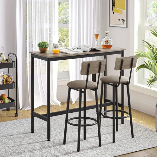Vista 6 de Juego de mesa de bar y 2 sillas, 3 piezas para espacios pequeños, mesa de comedor rectangular para 2 mesas de bar de altura de mostrador con 2 Gris