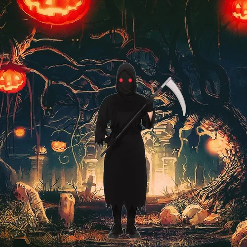 Vista 2 de Grim Reaper Halloween Costume for Kids with Glowing Red Eyes, Scythe, Gloves for Boys, Kids and Adult