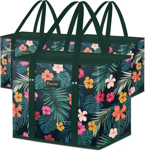 Vista 19 de BALEINE 1 paquete de bolsas reutilizables para comestibles, bolsas de compras plegables para comestibles con parte inferior reforzada y asas Follaje