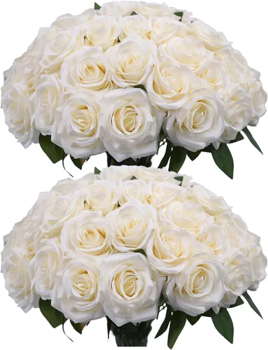 Vista 30 de Flores artificiales de rosa, rosas artificiales, rosas de seda, rosas falsas de aspecto real con tallos para manualidades, ramos de boda, centros