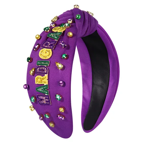 Vista 13 de MOLOCH Diadema de Mardi Gras para mujer, con cuentas moradas, amarillas, verdes, estrellas, diadema anudada, carnaval, joyería de cristal, nudo