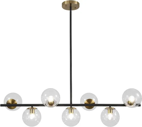 Vista 13 de KCO Iluminación Moderna Candelabro Colgante Lineal de Latón con 7 Luces de Cristal Dorado y Blanco, Iluminación Colgante Globo de Mediados de Siglo