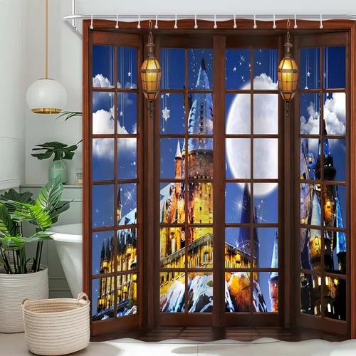 Vista 9 de Magic Castle - Cortina de ducha de castillo de cuento de hadas, decoración de baño, tela impermeable con ganchos, 36 x 72 pulgadas