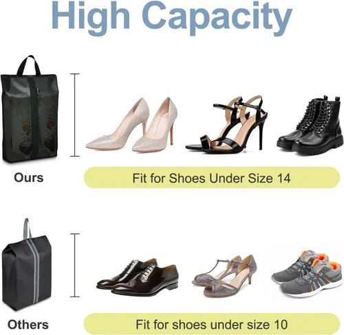 Vista 3 de Bolsas de zapatos para viajes, paquete de 3 bolsas de zapatos impermeables XXL para mujeres y hombres, diseño translúcido bolsa organizadora