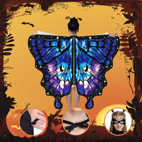 Vista 6 de Butterfly Costume Halloween Costumes for Girls Kids, Butterfly Wings Costume Cape Shawl for Girls Fairy Wing