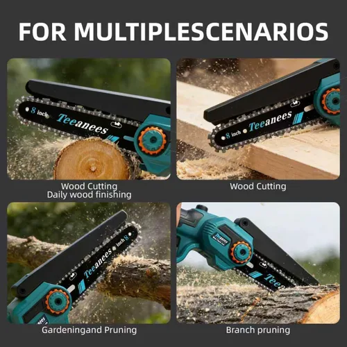 Vista 5 de Motosierra eléctrica inalámbrica de 8 pulgadas con baterías de 2 x 4.0 AH, motosierra de mano a batería para poda de árboles, corte de madera y Azul