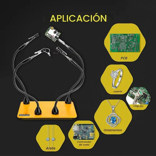 Vista 6 de Fstop Labs Herramienta de soldadura de tercera mano, soporte para PCB, cuatro brazos metálicos flexibles con base magnética, manos que ayudan a
