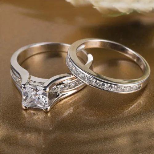 Vista 3 de Juego de anillos nupciales de plata de ley 925 con circonita cúbica, corte princesa, para mujer