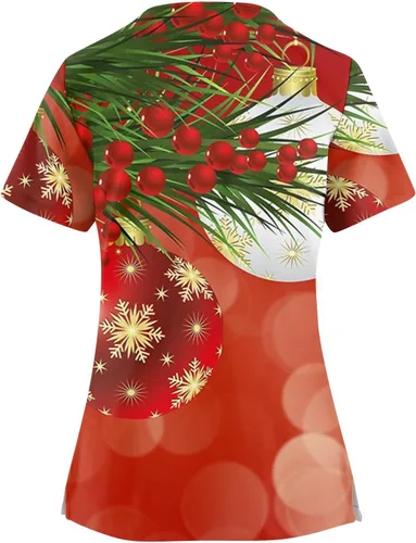 Vista 2 de Camisetas de Navidad para mujer, divertidos elementos navideños impresos, camisetas de otoño con cuello en V y bolsillos
