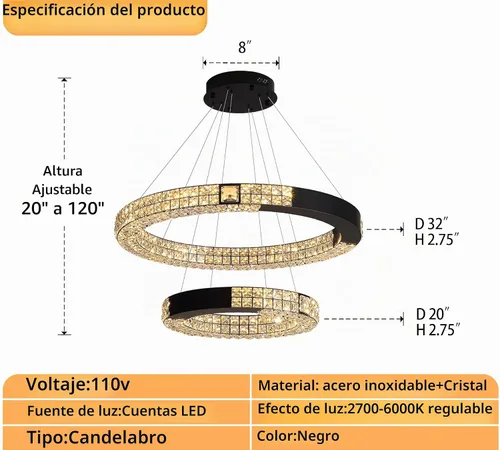 Vista 2 de Candelabro LED de anillo dorado para sala de estar, comedor y dormitorio, lámparas de cristal modernas, iluminación colgante, lámparas ajustables