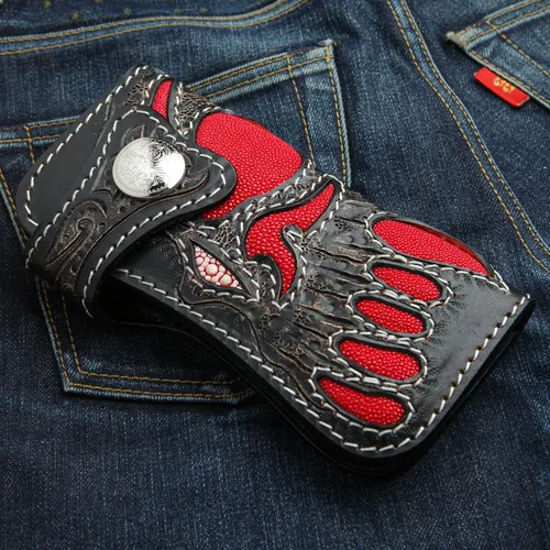 Vista 3 de Cartera Biker Rojo Demonio Stingray Cuero Tallado, rojo, (Red Demon), Moderno