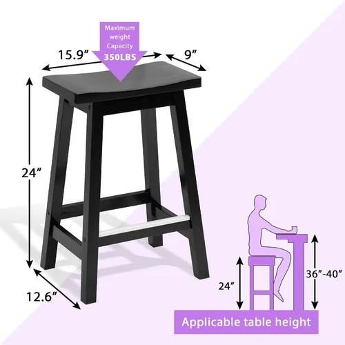 Vista 2 de Juego de 2 taburetes de bar de madera maciza con placas de pie de metal, taburetes modernos sin espalda de 24 pulgadas de altura para encimera