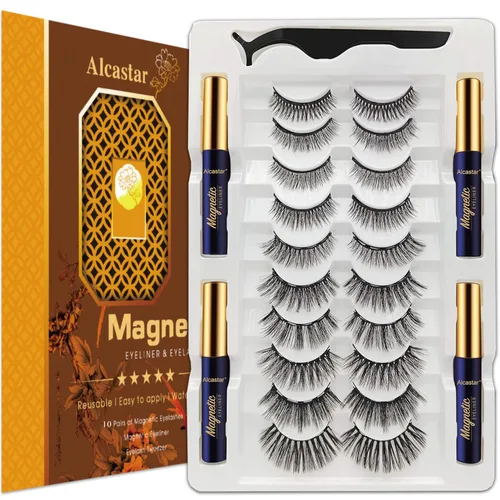 Vista 8 de Alcastar - Kit de pestañas magnéticas, pestañas esponjosas de la misma densidad, juego de delineador magnético impermeable, pestañas de ojos Negro