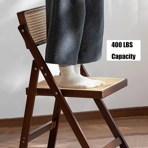 Vista 4 de KISKIS Sillas plegables de ratán de madera, portátil, ahorro de espacio, silla de comedor para balcón, sala de estar, con asiento elástico de malla