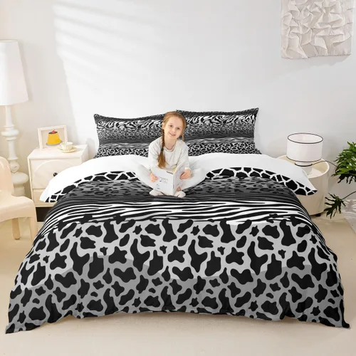 Vista 30 de Juego de funda de edredón con estampado de leopardo, tamaño individual, juego de ropa de cama rústica con rayas de piel de cebra, decoración