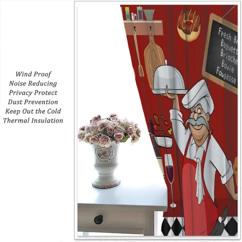 Vista 6 de Cortinas de cocina de chef, cortinas de cocina con tema de cocinero gordo para dormitorio, sala de estar, juego de 2 paneles de cortina de cocina a
