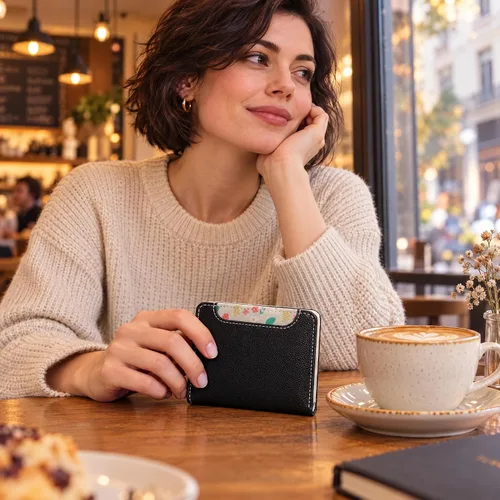 Vista 6 de Billetera pequeña para mujer, con bloqueo RFID, de piel, plegable, para tarjetas de crédito, con ventana de identificación, con cremallera, bolsillo