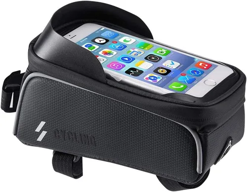 Vista 9 de Bolsa de marco de bicicleta, soporte para teléfono de bicicleta, bolsa impermeable para manillar de bicicleta, bolsa de tubo frontal superior