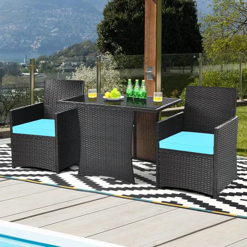 Vista 5 de COSTWAY Juego de muebles de ratán de patio, 3 piezas, cojín para sofá, reposabrazos de jardín, turquesa
