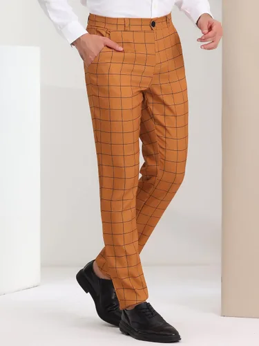Vista 2 de Lars Amadeus Pantalones de vestir a cuadros para hombre, con parte delantera plana, estampado a cuadros