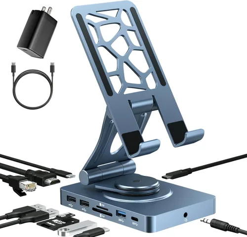 Vista 11 de Estación de acoplamiento USB C giratoria de 360° para iPad Pro, tableta, Samsung, Steam Deck, ROG Ally, Legion Go, Msi Claw, etc., 11 en 1 con Azul