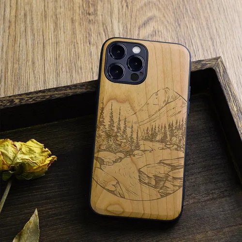Vista 4 de Carveit Funda magnética de madera para iPhone 12 Pro [madera natural y TPU suave negro] a prueba de golpes, funda protectora de madera única