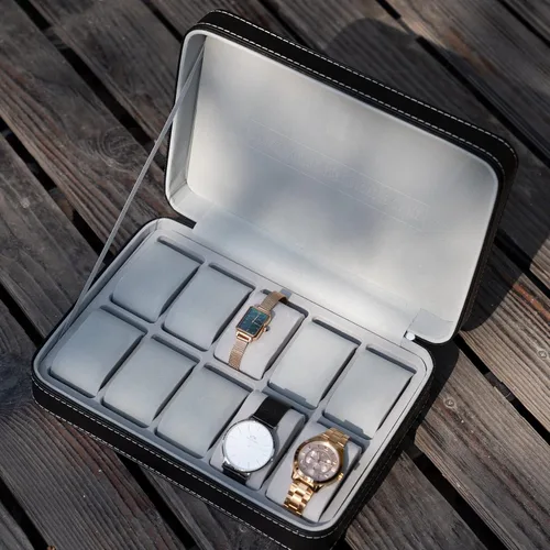 Vista 6 de OSVINO Caja de reloj con 10 ranuras con cremallera, caja de almacenamiento de reloj de piel sintética de lujo, organizador de exhibición