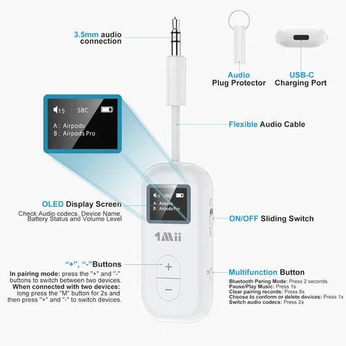 Vista 7 de 1Mii SafeFly Dual Adaptador Bluetooth 5.3 Transmisor Bluetooth con pantalla para auriculares inalámbricos, transmisor de audio inalámbrico Uso