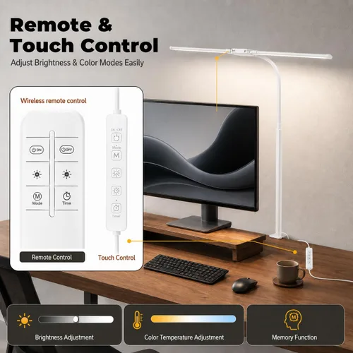 Vista 10 de Lámpara de escritorio LED con abrazadera, luz de arquitecto ajustable de doble cabeza, lámpara de escritorio para monitor de cuidado de los ojos
