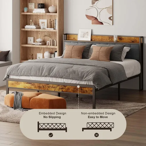 Vista 8 de Gizoon Base de cama matrimonial con cabecero y estribo, cama de plataforma Gris oscuro