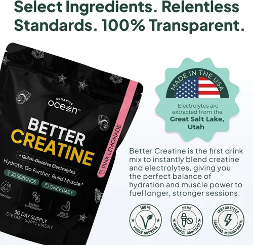 Vista 3 de Organics Ocean Better Creatina Monohidrato en polvo, 30 porciones 0.18 oz de creatina micronizada, 0.07 oz de electrolitos Great Salt Lake, apoyo