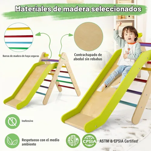 Vista 4 de HONEY JOY Escaladora triangular con rampa, escalera triangular para niños para guardería, gimnasio y parque infantil, juguetes de escalada Colorido