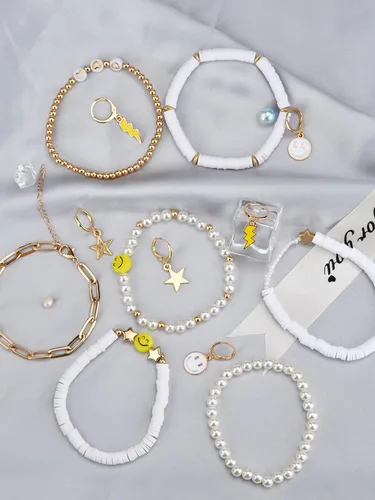 Vista 28 de Preppy Heishi - Juego de pulseras de surfista para niñas adolescentes, bonitos aretes estéticos, anillos estéticos preppy coloridos de oro blanco