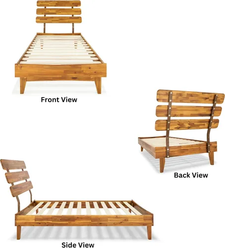 Vista 3 de Bme Caden - Base de cama de 15 pulgadas con cabecera ajustable, estilo retro de mediados de siglo, con madera de acacia, no necesita somier, 12