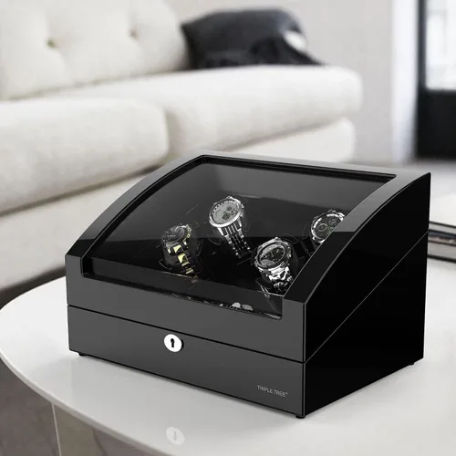 Vista 4 de TRIPLE TREE Enrollador de reloj para 4 relojes automáticos, con 6 almacenes adicionales de relojes, acabado de piano de carcasa de madera, motor