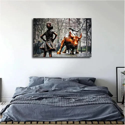 Vista 4 de Póster de estatuas de toros de Fearless Girl and Wall Street con impresión en lienzo, arte de pared, regalo de vacaciones, baño, sala de estar