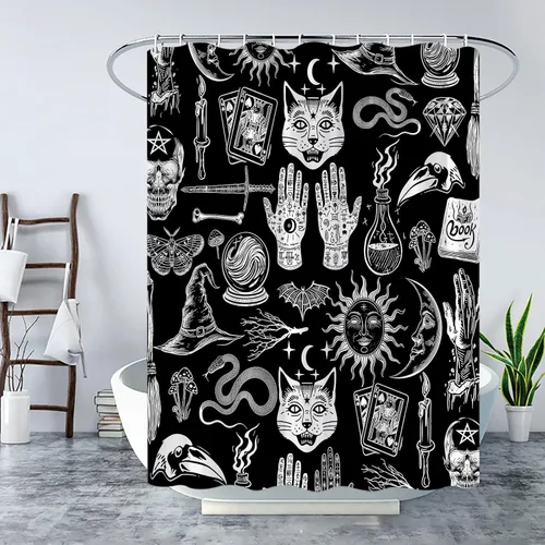 Vista 4 de Cortina de ducha de bruja de Halloween, color negro, espeluznante, alquimia gótica, psíquica, espeluznante, calavera, esqueleto, tablero de Ouija