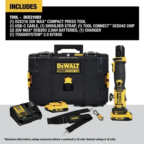 Vista 2 de DEWALT Herramienta de prensa compacta de 20 V MAX con 2 baterías y cargador incluido (DCE210D2)
