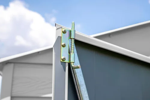 Vista 4 de Arrow Select - Cobertizo de almacenamiento de acero con cerradura para exteriores de 10 x 4 pies, color gris flauta Flauta Gris