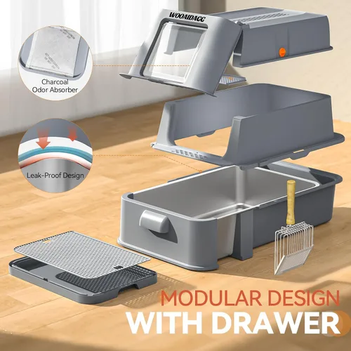 Vista 5 de Wooaidagg - Caja de arena cerrada de acero inoxidable para gatos con control de olores, diseño modular con cajón y puerta abatible, fácil de limpiar