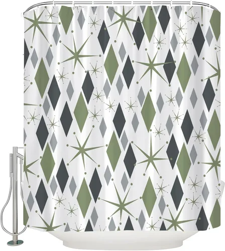 Vista 6 de Mid Century Shower Curtain Modern Blue Grey Abstract Geometric Atomic Vintage 1950s 60s Minimalist Retro Boho Fabric Curtain with Hook