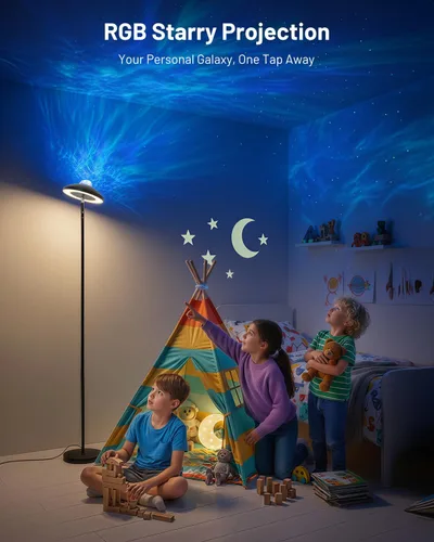 Vista 4 de Lámpara de pie LED con proyector de estrellas RGB y control remoto, lámpara de pie que cambia de color continuo de 3000 a 6000 K, lámpara de esquina