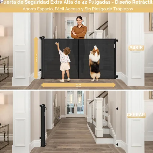 Vista 3 de Puerta Reforzada para Mascotas Extra Alta de 42" y Puerta Retráctil para Bebés de 55" de Ancho con Varillas de Soporte - Puerta Retráctil para Negro