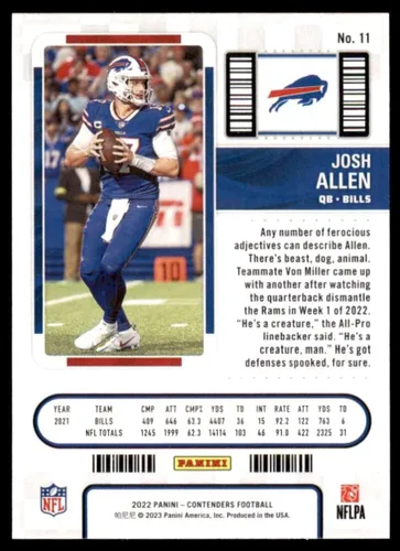 Vista 2 de Boleto de temporada de Panini Contenders #11 de Josh Allen Buffalo Bills NFL 2022