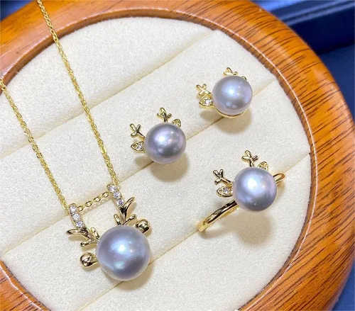 Vista 5 de Natural Pearl Jewelry Set for Women Mother Girls, Freshwater Cultured Pearl Set, Black White Blue Purple Pearl Butterfly Swan Gold plated Diamond
