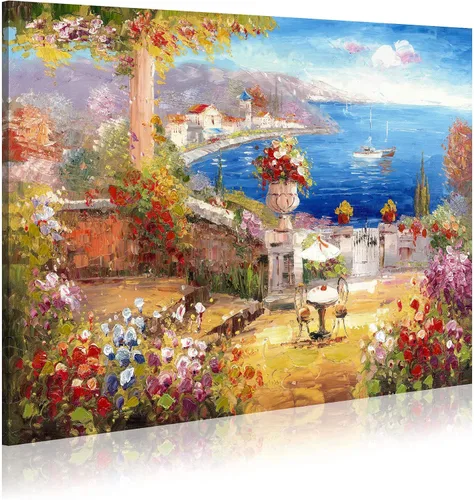Vista 8 de Pintura de Italia lienzo al óleo arte de la pared: arte mediterráneo de paisaje urbano italiano, imagen de mar italiano, decoración moderna