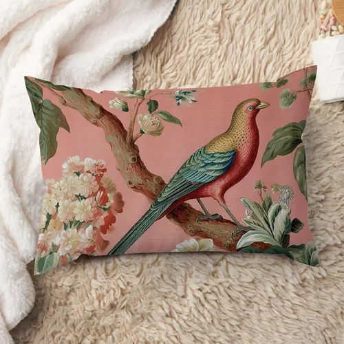 Vista 43 de ArogGeld Fundas de cojín de estilo chinoiserie, diseño de flores y pájaros, color rosa rubor, diseño de animales de pavo real, jardín asiático